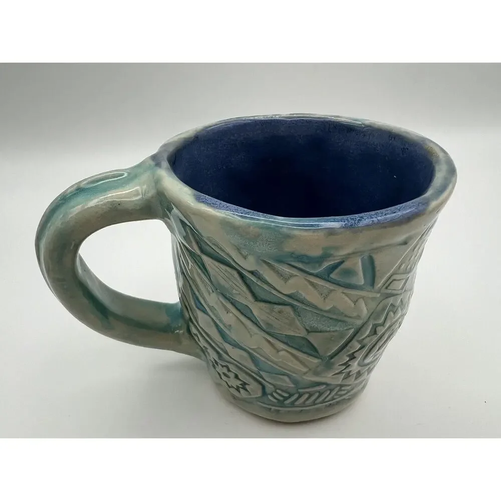 Handmade Art Pottery Blue Child’s Dinner Set Plate Bowl & Mug Artist Signed